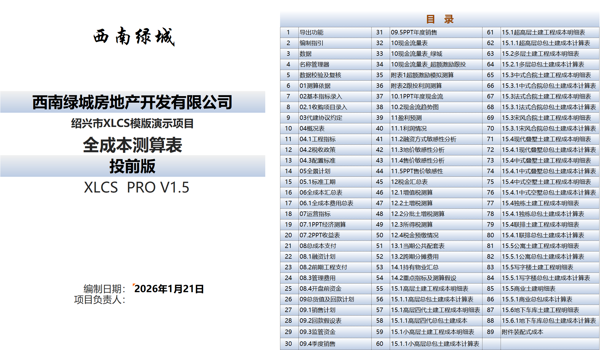 XLCS PRO 西绿项目全成本测算多地块版目录