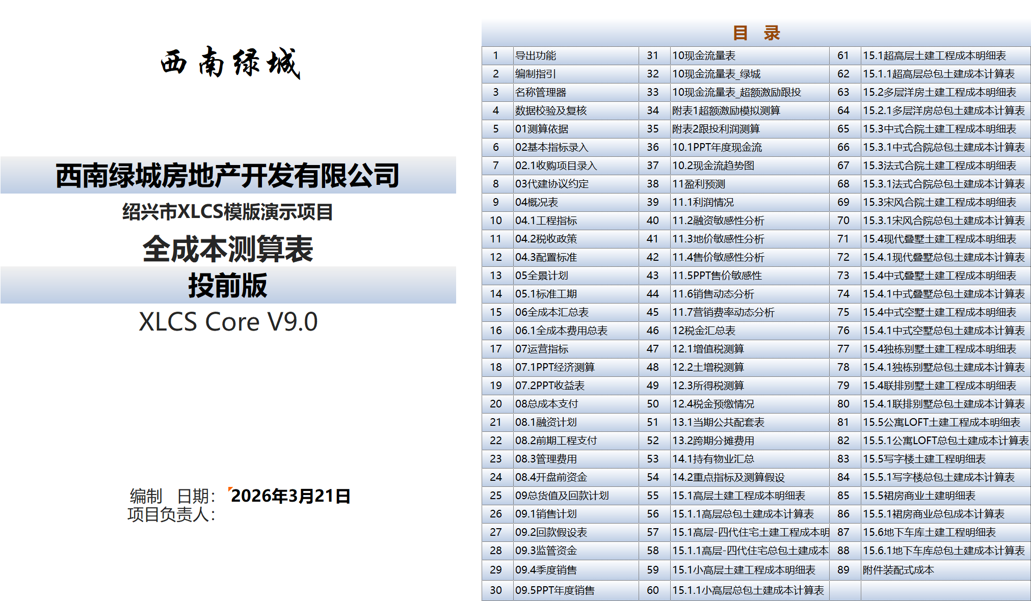 XLCS Core西绿项目全成本测算V9版目录 XLCS Core 西绿项目全成本测算正式版预览